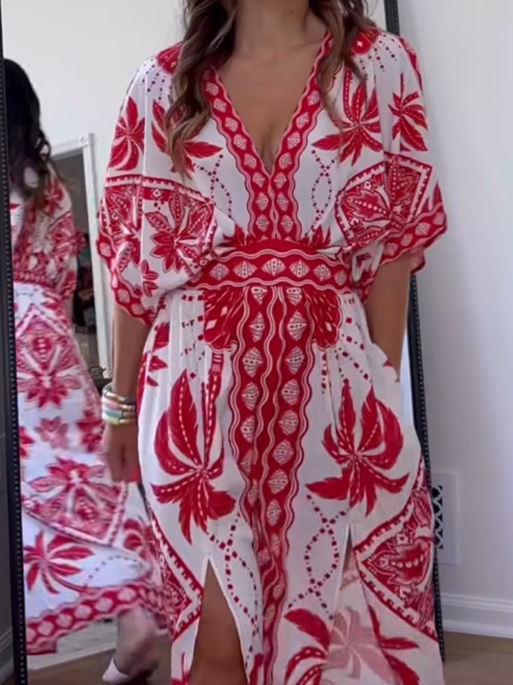 Red & White V-Neck Floral Print Maxi Dress